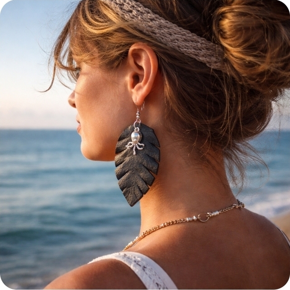 Handmade Jewelry - 4/$15 Vegan Leather Black Leaf Feather Octopus Earrings Dangle Wire Drop